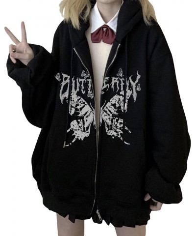 Women Zip Up Hoodie Y2k Vintage Graphic Oversized Hooded Sweatshirt Jacket Pullover Coats Harajuku Streetwear P-black Butterf...