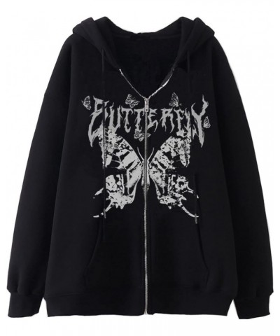 Women Zip Up Hoodie Y2k Vintage Graphic Oversized Hooded Sweatshirt Jacket Pullover Coats Harajuku Streetwear P-black Butterf...