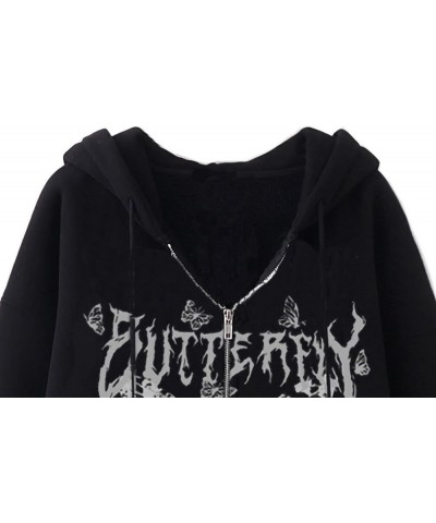 Women Zip Up Hoodie Y2k Vintage Graphic Oversized Hooded Sweatshirt Jacket Pullover Coats Harajuku Streetwear P-black Butterf...