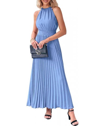 Women's Long Sun Dresses Sleeveless Halter Neck Flowy Pleated Maxi Cocktail Party Dress Light Blue $16.80 Dresses