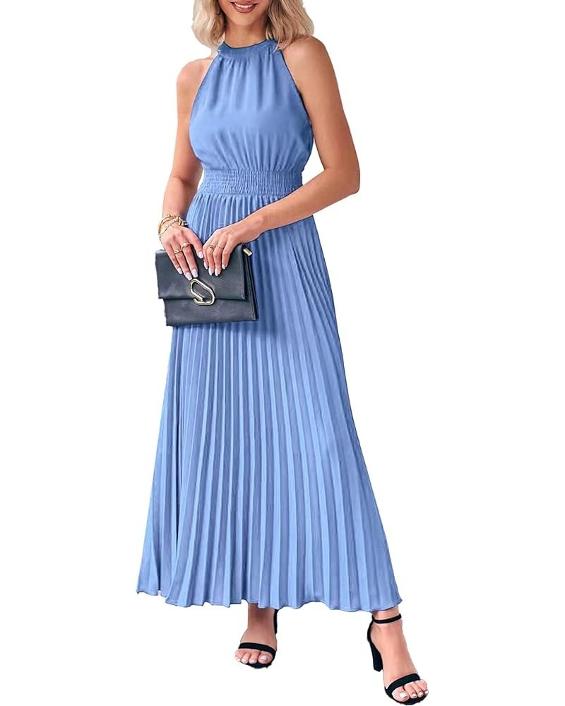 Women's Long Sun Dresses Sleeveless Halter Neck Flowy Pleated Maxi Cocktail Party Dress Light Blue $16.80 Dresses