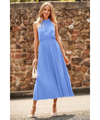 Women's Long Sun Dresses Sleeveless Halter Neck Flowy Pleated Maxi Cocktail Party Dress Light Blue $16.80 Dresses