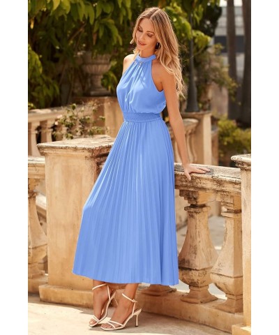 Women's Long Sun Dresses Sleeveless Halter Neck Flowy Pleated Maxi Cocktail Party Dress Light Blue $16.80 Dresses