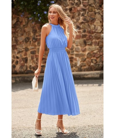 Women's Long Sun Dresses Sleeveless Halter Neck Flowy Pleated Maxi Cocktail Party Dress Light Blue $16.80 Dresses