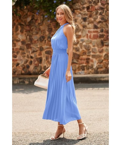 Women's Long Sun Dresses Sleeveless Halter Neck Flowy Pleated Maxi Cocktail Party Dress Light Blue $16.80 Dresses