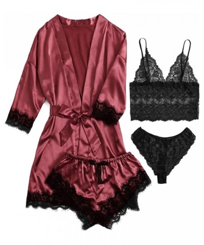 Women' Silk Satin Pajamas Set 4Pcs Lingerie Floral Lace Cami Sleepwear Long Sleeve V Neck Nightdress With Robe Soft Pjs Sets ...