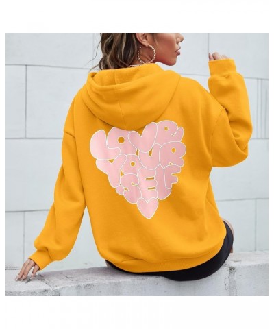 Hoodies for Women Love Your Self Printed Oversized Y2K Sweatshirt Long Sleeve Hoodie Tunic Drop Shoulder Yellow $9.17 Tops