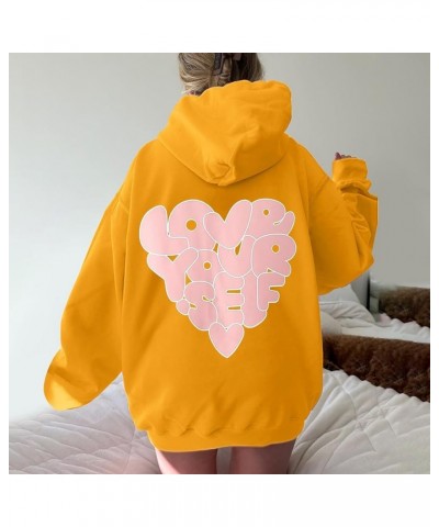 Hoodies for Women Love Your Self Printed Oversized Y2K Sweatshirt Long Sleeve Hoodie Tunic Drop Shoulder Yellow $9.17 Tops