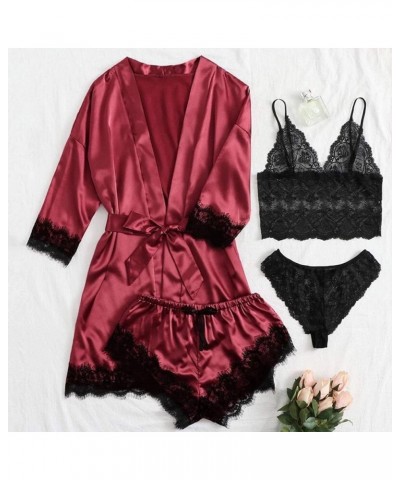 Women' Silk Satin Pajamas Set 4Pcs Lingerie Floral Lace Cami Sleepwear Long Sleeve V Neck Nightdress With Robe Soft Pjs Sets ...