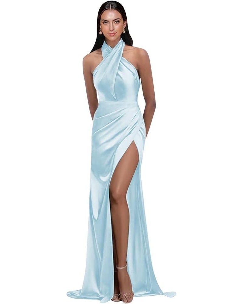 Halter Satin Bridesmaid Dresses for Women Long Split Formal Wedding Guest Prom Dress Light Blue $32.39 Others