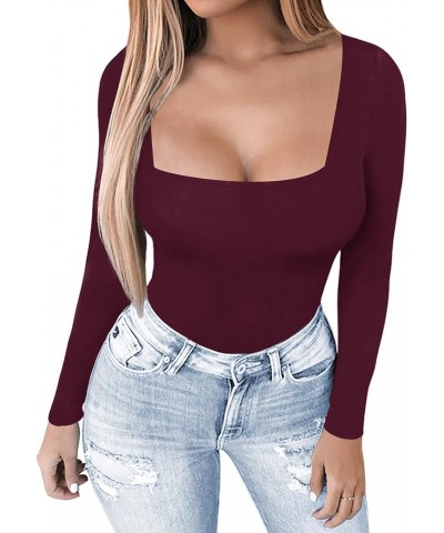 N/A" Women's Square Neck Long Sleeve Top Sexy Slim Fit T-Shirts Tops Burgundy $12.99 T-Shirts