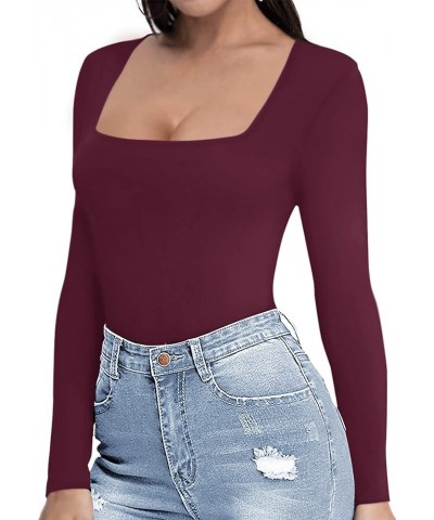 N/A" Women's Square Neck Long Sleeve Top Sexy Slim Fit T-Shirts Tops Burgundy $12.99 T-Shirts