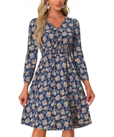 Women's Valentine's Day Floral Print V-Neck Dress Smocked Waist Midi Dress Black Blue $17.60 Dresses