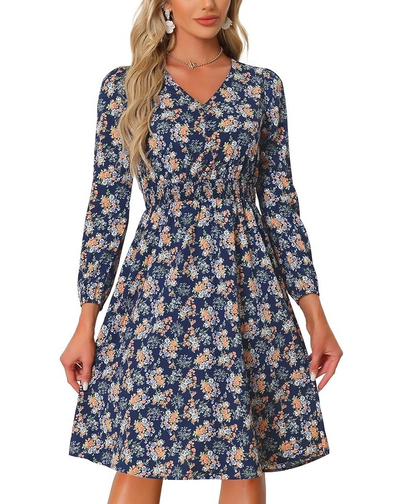 Women's Valentine's Day Floral Print V-Neck Dress Smocked Waist Midi Dress Black Blue $17.60 Dresses