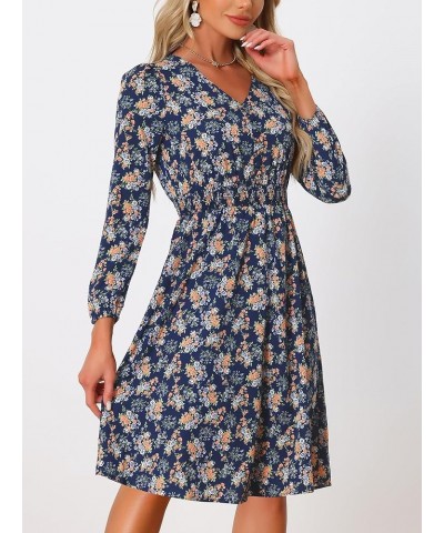 Women's Valentine's Day Floral Print V-Neck Dress Smocked Waist Midi Dress Black Blue $17.60 Dresses