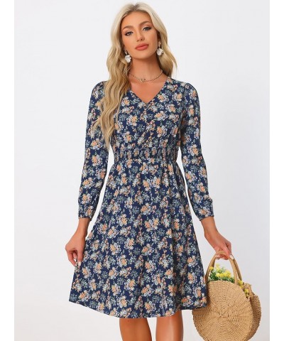 Women's Valentine's Day Floral Print V-Neck Dress Smocked Waist Midi Dress Black Blue $17.60 Dresses