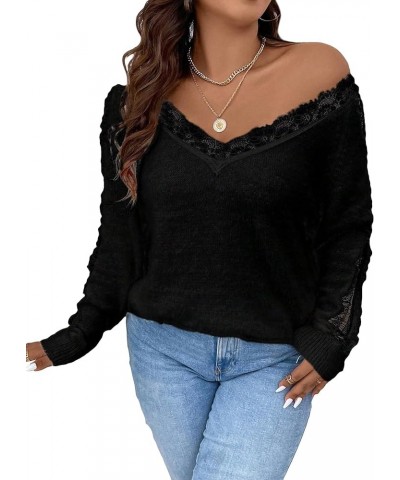 Women's Plus Size Lace Trim Pullover Sweater V Neck Knit Drop Shoulder Tops Black $19.50 Sweaters