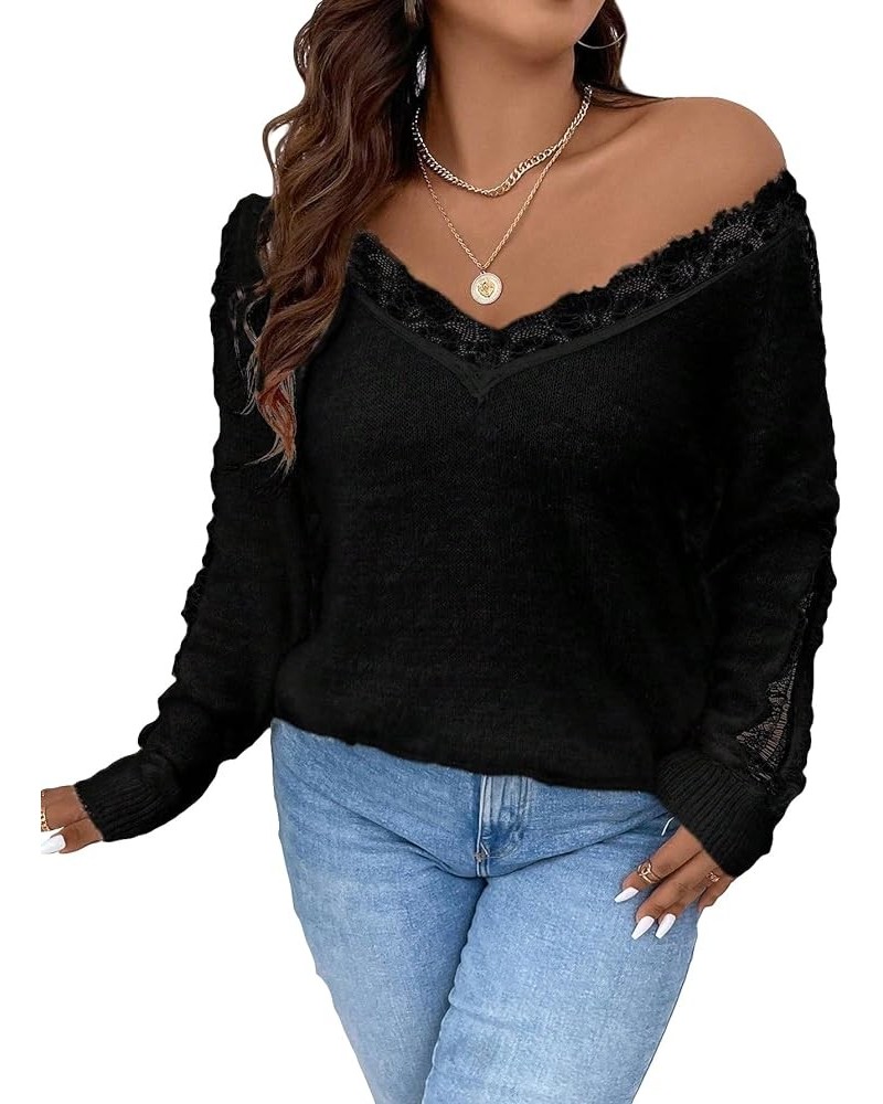 Women's Plus Size Lace Trim Pullover Sweater V Neck Knit Drop Shoulder Tops Black $19.50 Sweaters