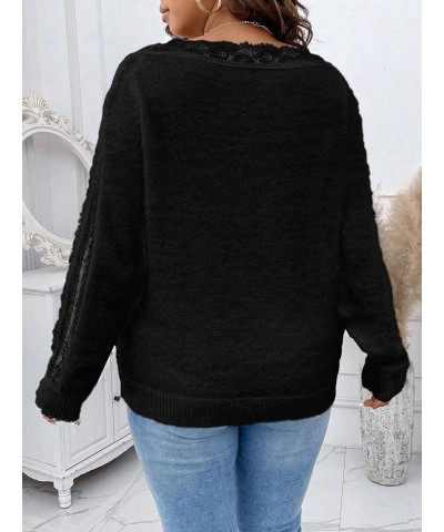 Women's Plus Size Lace Trim Pullover Sweater V Neck Knit Drop Shoulder Tops Black $19.50 Sweaters