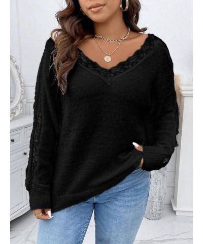 Women's Plus Size Lace Trim Pullover Sweater V Neck Knit Drop Shoulder Tops Black $19.50 Sweaters