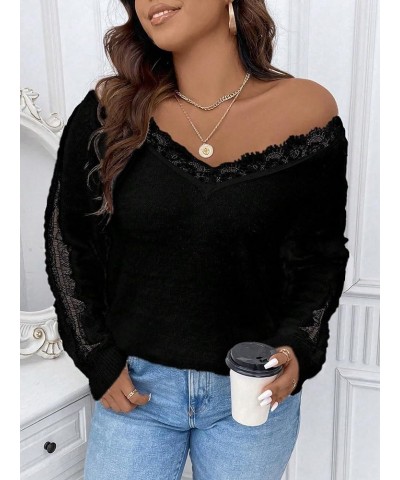 Women's Plus Size Lace Trim Pullover Sweater V Neck Knit Drop Shoulder Tops Black $19.50 Sweaters