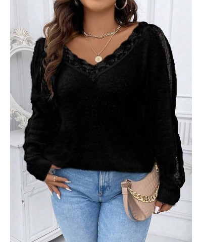 Women's Plus Size Lace Trim Pullover Sweater V Neck Knit Drop Shoulder Tops Black $19.50 Sweaters