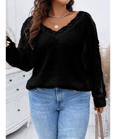 Women's Plus Size Lace Trim Pullover Sweater V Neck Knit Drop Shoulder Tops Black $19.50 Sweaters