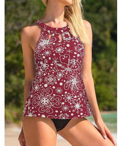 Women's Halter High Neck Tankini Top Key Hole Bathing Suit Red&printed $12.54 Swimsuits