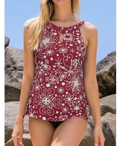 Women's Halter High Neck Tankini Top Key Hole Bathing Suit Red&printed $12.54 Swimsuits