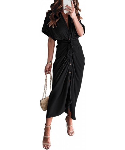 Sexy Shirt Dresses for Women Button Down Short Sleeve Maxi Satin Dress with Belt Black $18.92 Dresses