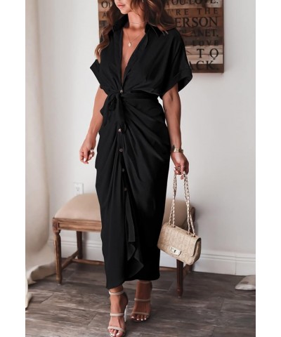 Sexy Shirt Dresses for Women Button Down Short Sleeve Maxi Satin Dress with Belt Black $18.92 Dresses