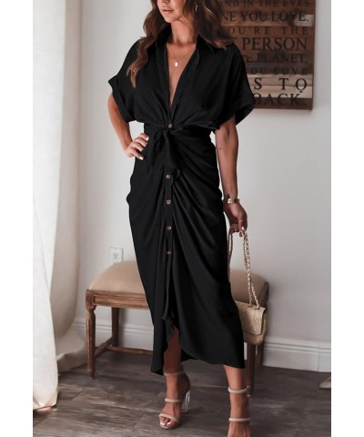 Sexy Shirt Dresses for Women Button Down Short Sleeve Maxi Satin Dress with Belt Black $18.92 Dresses