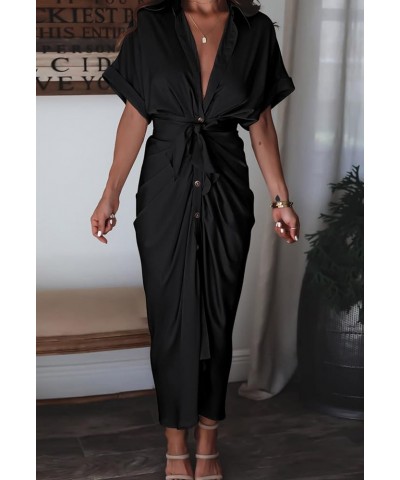 Sexy Shirt Dresses for Women Button Down Short Sleeve Maxi Satin Dress with Belt Black $18.92 Dresses