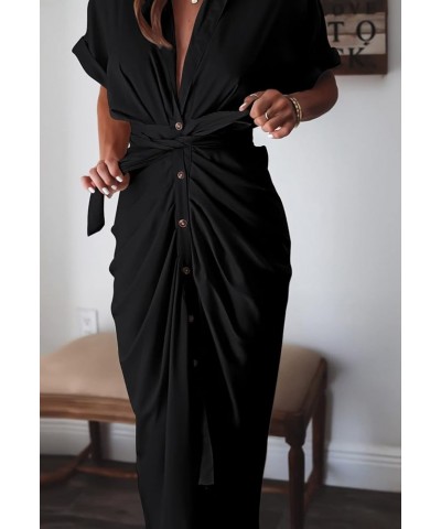 Sexy Shirt Dresses for Women Button Down Short Sleeve Maxi Satin Dress with Belt Black $18.92 Dresses