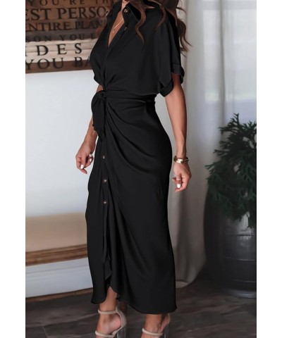 Sexy Shirt Dresses for Women Button Down Short Sleeve Maxi Satin Dress with Belt Black $18.92 Dresses