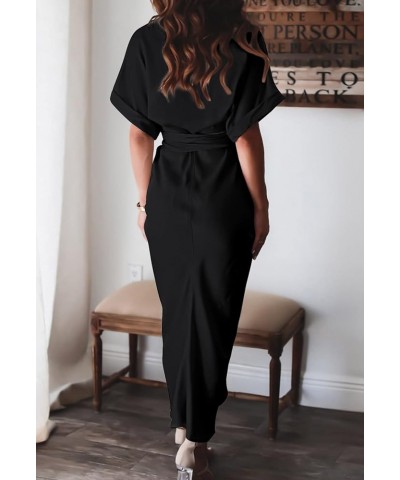 Sexy Shirt Dresses for Women Button Down Short Sleeve Maxi Satin Dress with Belt Black $18.92 Dresses