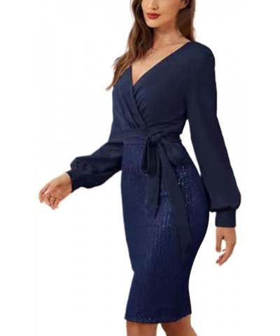 Sequin Dresses for Women Long Sleeve Wrap V Neck Midi Dress Cocktail Party Wedding Guest Business Pencil Dress Dark Blue $11....