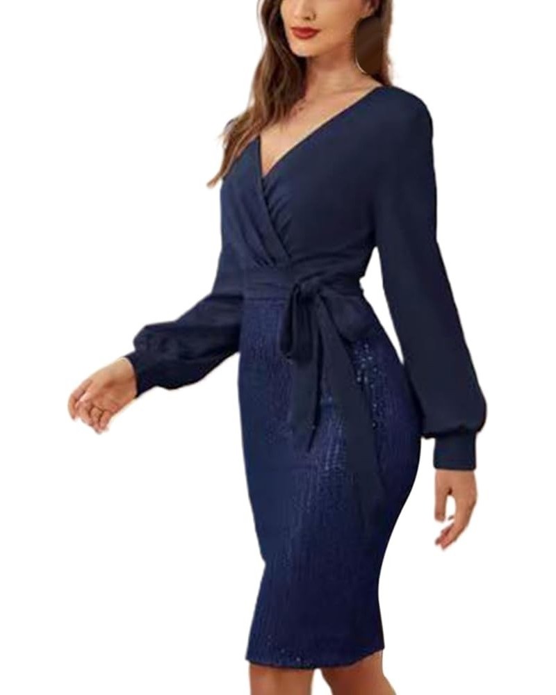 Sequin Dresses for Women Long Sleeve Wrap V Neck Midi Dress Cocktail Party Wedding Guest Business Pencil Dress Dark Blue $11....