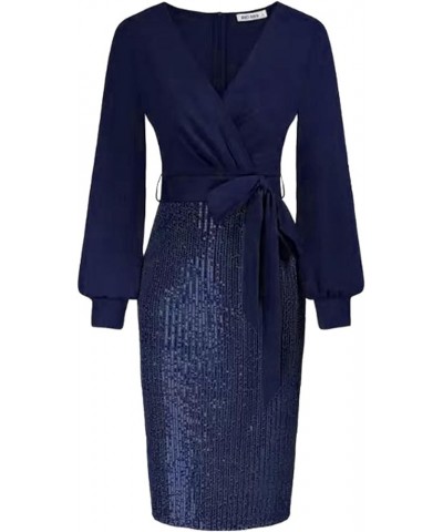 Sequin Dresses for Women Long Sleeve Wrap V Neck Midi Dress Cocktail Party Wedding Guest Business Pencil Dress Dark Blue $11....