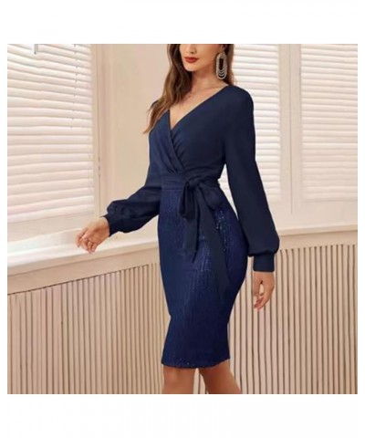 Sequin Dresses for Women Long Sleeve Wrap V Neck Midi Dress Cocktail Party Wedding Guest Business Pencil Dress Dark Blue $11....