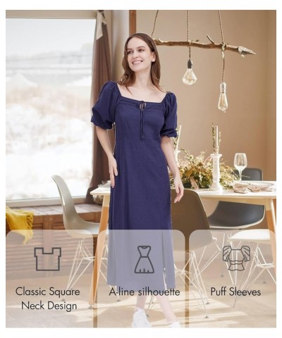 Women's Square Neck Casual Midi Dress, Spring Summer Puff Sleeve Dress, Linen Blend Short Sleeves Long Dress for Women Small ...