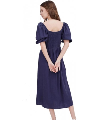 Women's Square Neck Casual Midi Dress, Spring Summer Puff Sleeve Dress, Linen Blend Short Sleeves Long Dress for Women Small ...