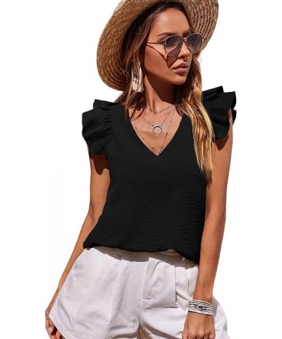 Womens Ruffle Sleeve Tops Casual Tank Top V Neck Women Summer Top Sleeveless Blouse Shirt Black $8.99 Tanks