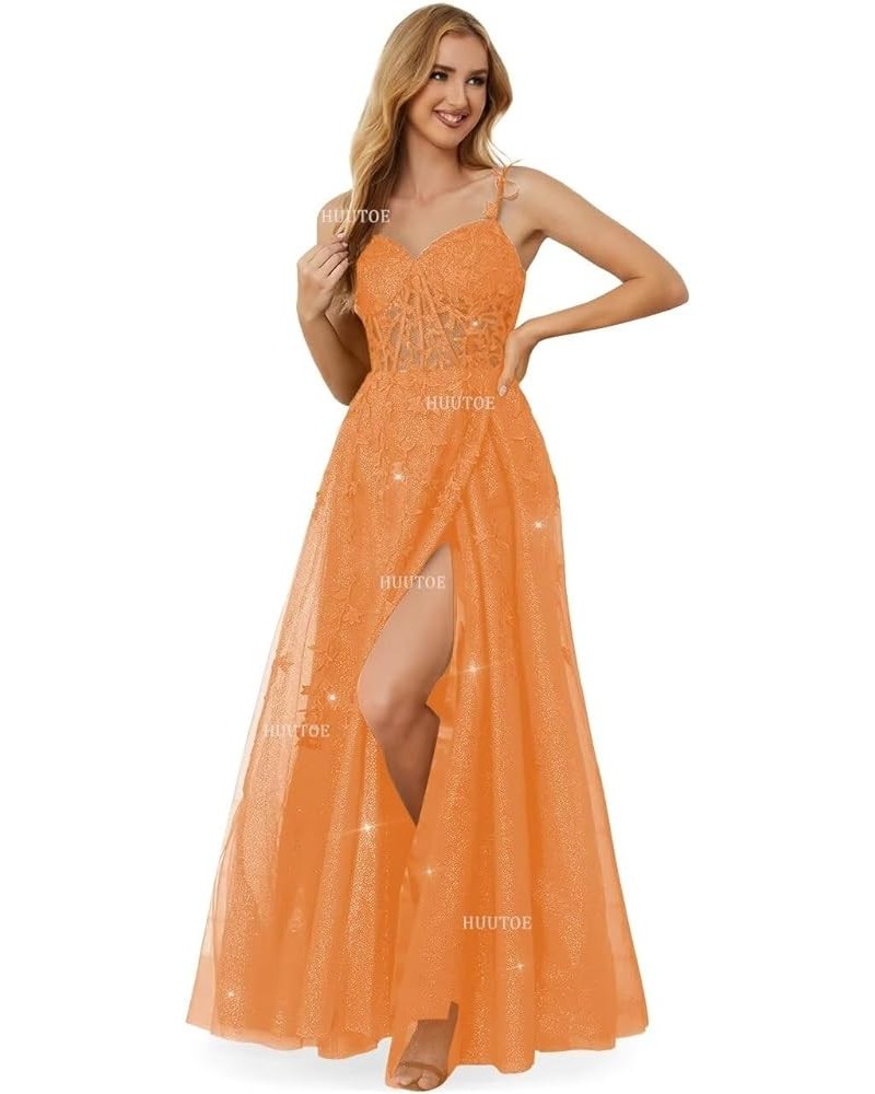 Lace Appliques Corset Prom Dresses 2024 Long Spaghetti Straps Glitter Tulle Ball Gowns Formal Evening Dress with Slit Orange ...