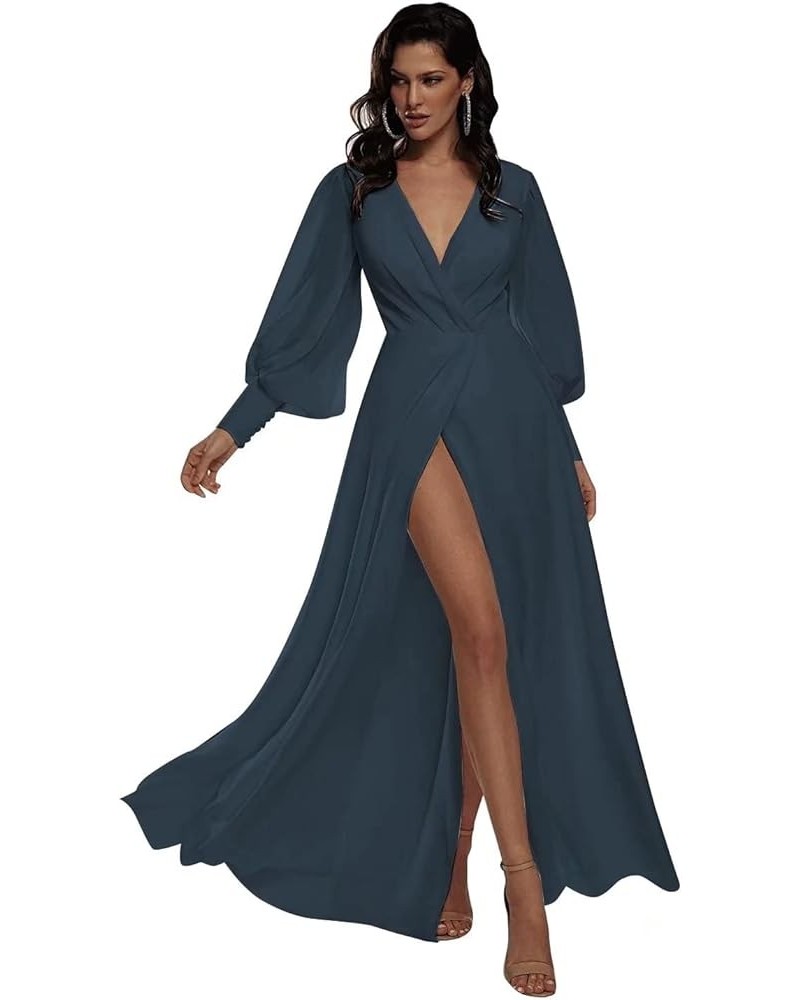 V Neck Long Sleeve Bridesmaid Dress Chiffon Prom Dress Wrap Formal Evening Gowns for Women with Slit Navy Blue $35.20 Dresses