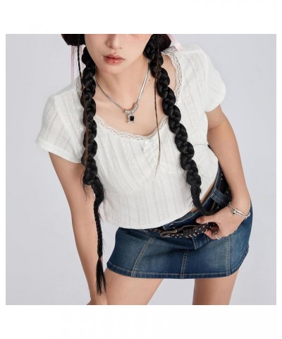 Women Kawaii Lace Trim T-Shirt Chic Vintage Short Sleeve Rib Knitted Tee Shirt Going Out Fairy Cottage Y2K Crop Top B Crew Ne...