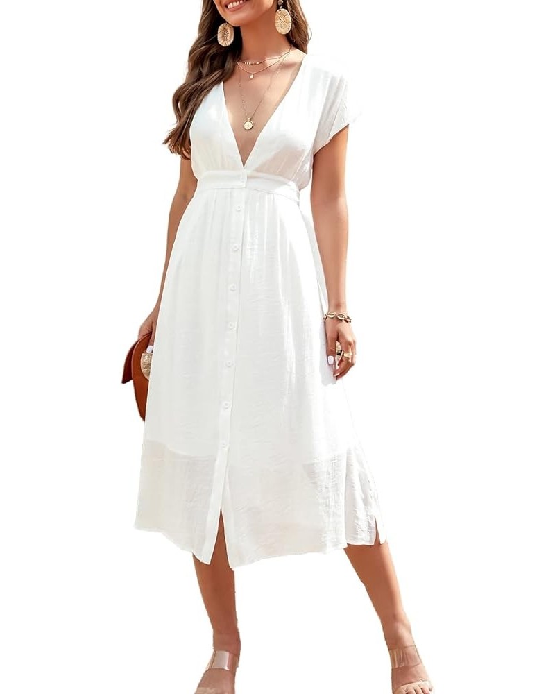 Women Short Sleeve Plunge A-Line Maxi Dress Button Front Elegant Midi Dresses White $21.15 Dresses