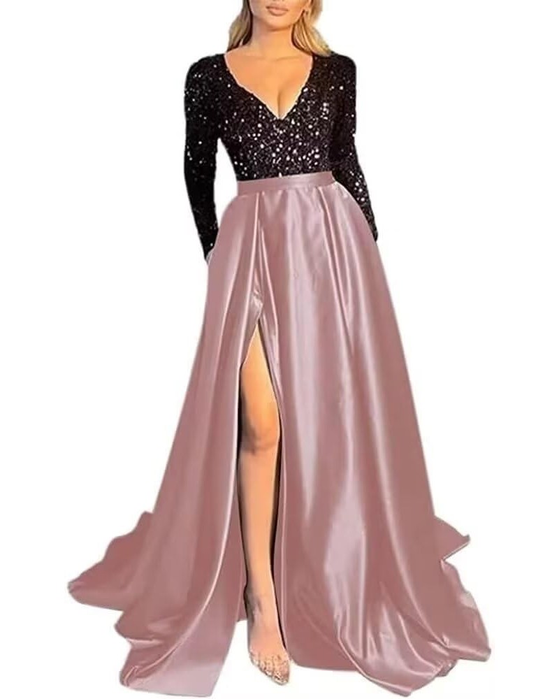 V Neck Long Sleeve Prom Dresses with Slit Sequin Satin Formal Evening Gowns with Pockets for Women Black-dusty Rose $38.24 Dr...