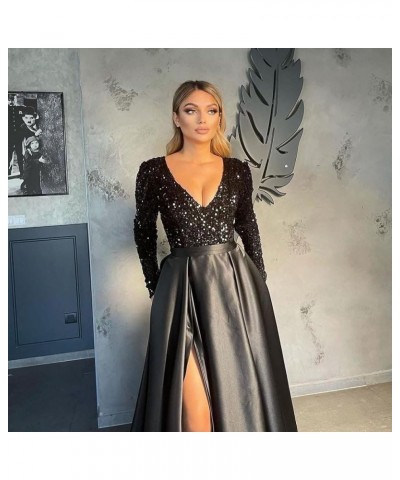 V Neck Long Sleeve Prom Dresses with Slit Sequin Satin Formal Evening Gowns with Pockets for Women Black-dusty Rose $38.24 Dr...