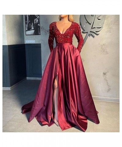 V Neck Long Sleeve Prom Dresses with Slit Sequin Satin Formal Evening Gowns with Pockets for Women Black-dusty Rose $38.24 Dr...